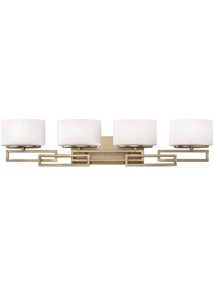 Lanza 4 Light Bath Sconce with Etched Opal Glass Shades in Brushed Bronze.